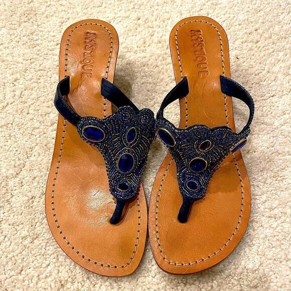 EUC Mystique Wedge Sandals Sz. 8 Blue Beaded Rhinestones - Picture 1 of 4